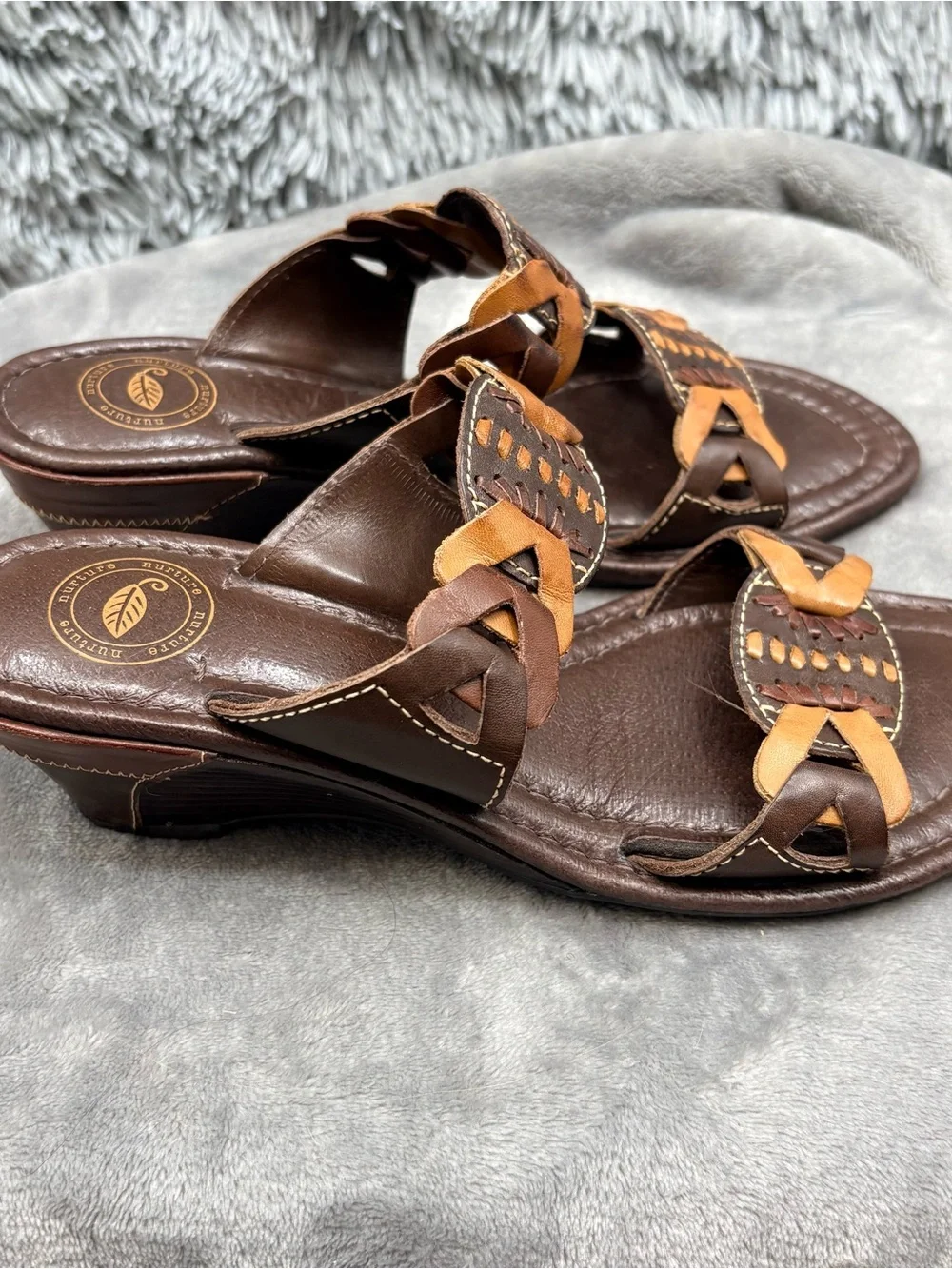Nurture Lamaze Wedge Sandals Womens 8 Brown Leather Brazil Slide Braided
